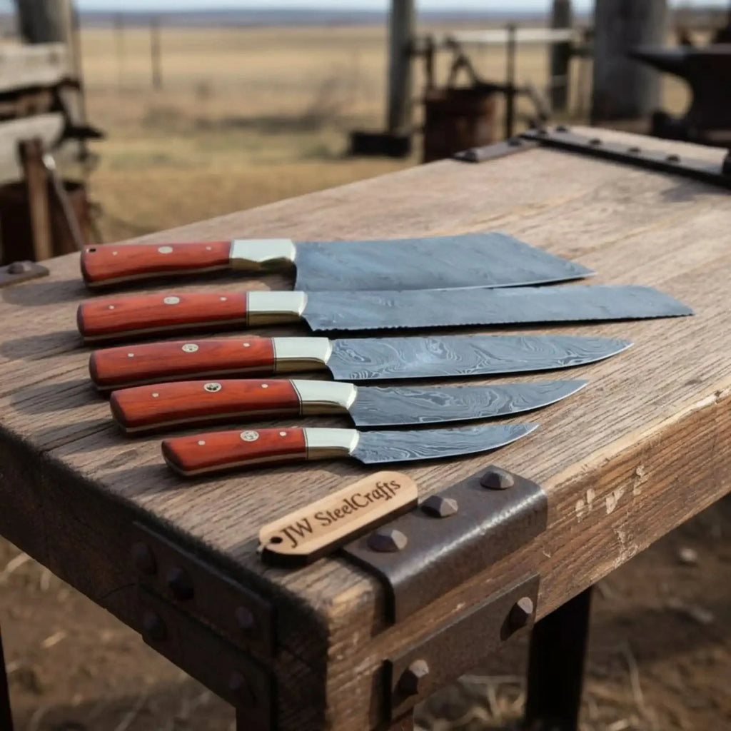 5-Piece Damascus Kitchen Knife Set with Rosewood Handles