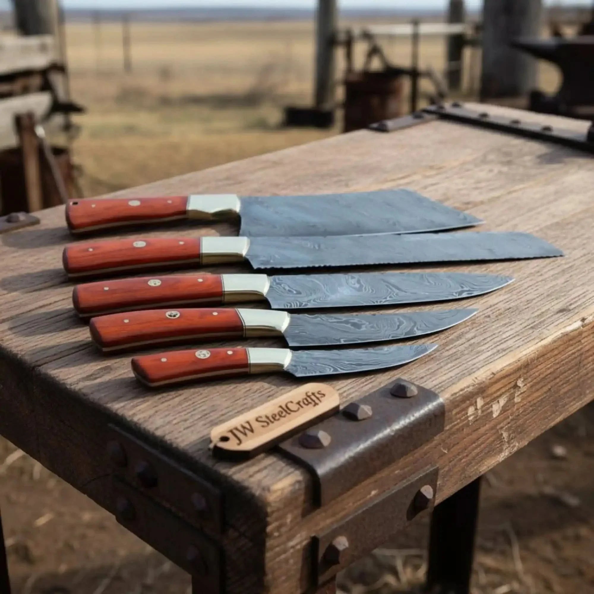 5-Piece Damascus Kitchen Knife Set with Rosewood Handles